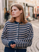 Neo Noir Isana Stripe Fluffy Knit Cardigan 169700 Col. Navy 575