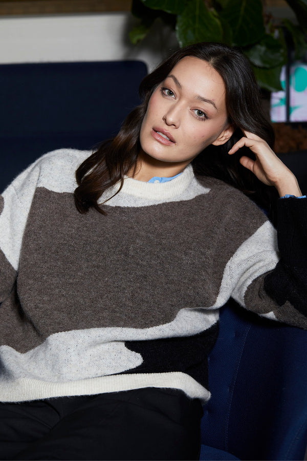 PBO Strik Flolo Knit 244 3408 0 Offwhite m. print sort, brun, grå 653