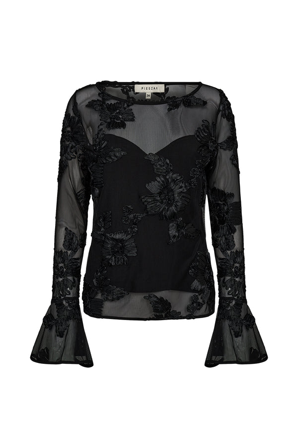 Pieszak PD-Melia Flounce Sleeve Mesh Blouse J235163 Col. Black