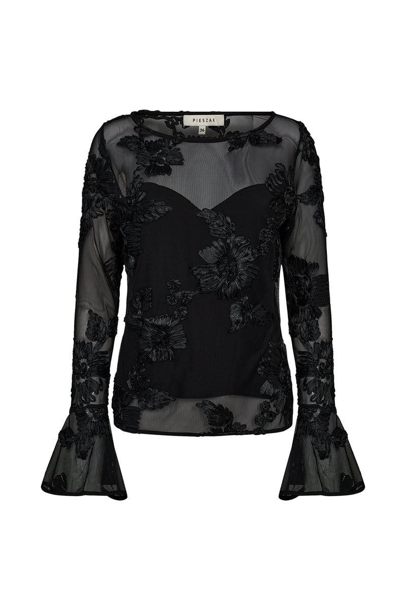 Pieszak PD-Melia Flounce Sleeve Mesh Blouse J235163 Col. Black