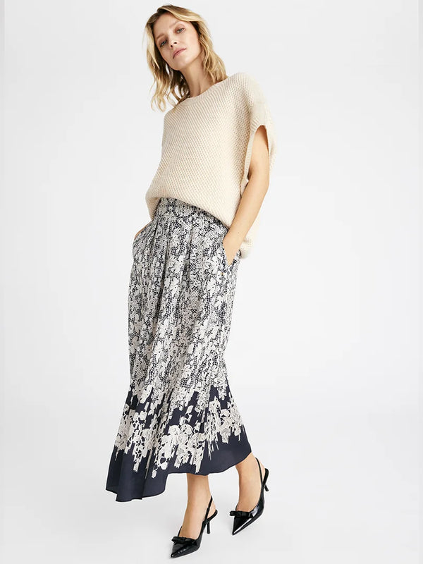 Gustav Nederdel Mabell midi+ 56557 Print I Sort og offwhite 81620