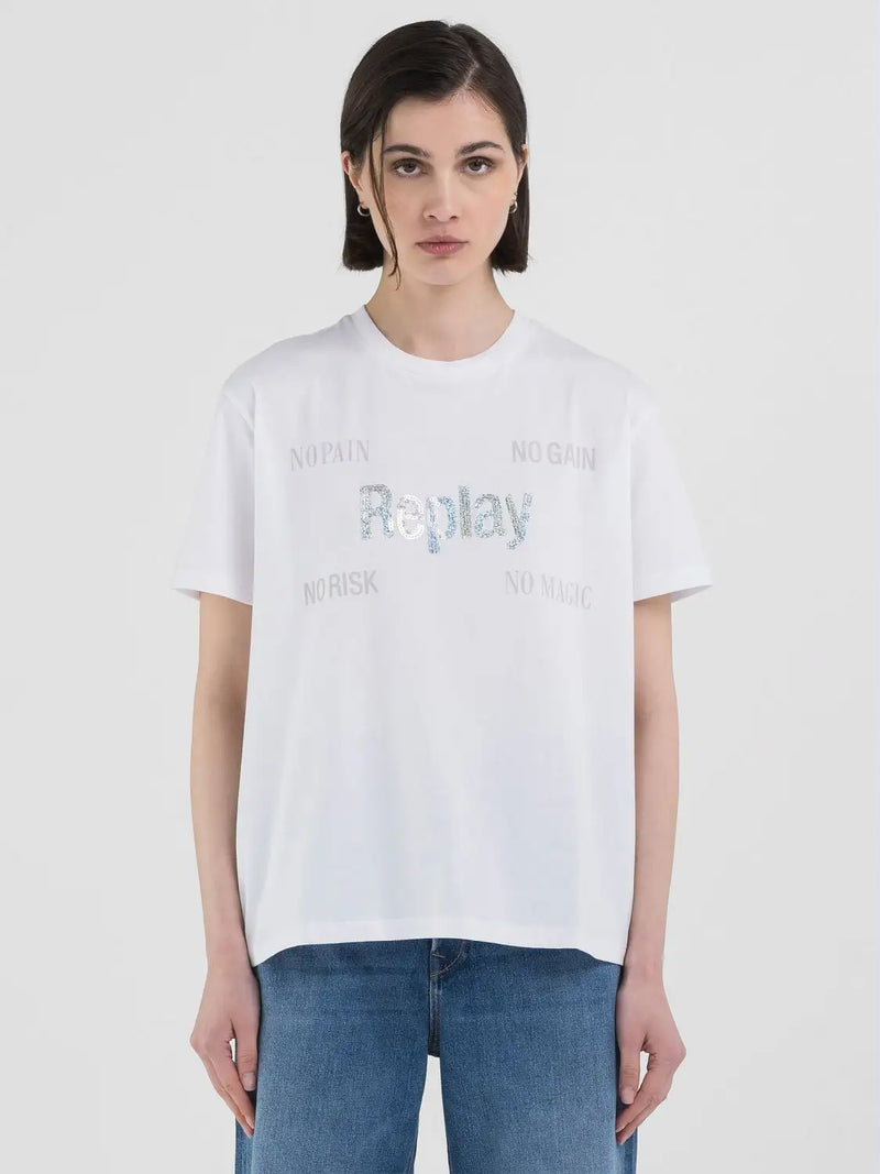 Replay T-shirt W3072A Hvid med sølv nitter