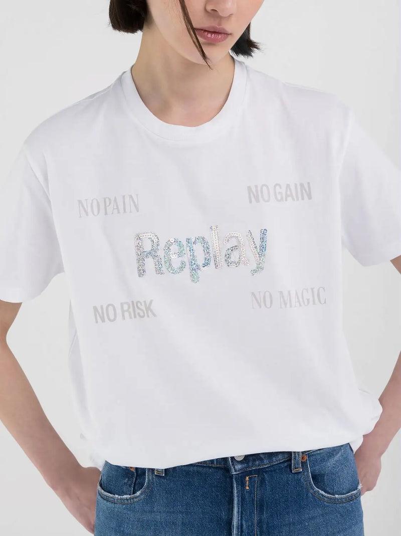Replay T-shirt W3072A Hvid med sølv nitter